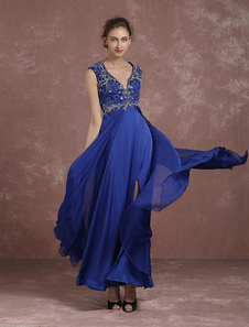 Bleu royal robe de soirée V cou strass perles mousseline de soie robe sans manches Backless fente un