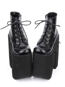 Plate-forme de bottillons Noir Lolita talon Chunky Round Toe Lace Up bottes courtes Lolita
