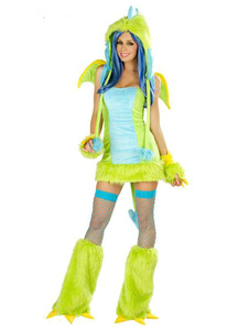 Dinosaure Sexy Costume vert fausse fourrure animale Costume d’Halloween en 4 pièces Set