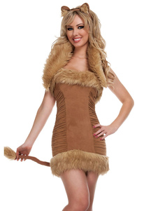 Fox Sexy Halloween Costume kaki fausse fourrure sans manches dos nu Mini robe Costume Animal avec ha