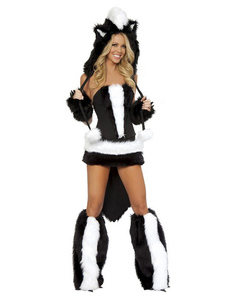 Skunk sexy Costume noir fausse fourrure Mini robe Fantasy Costume 6 Piece Set
