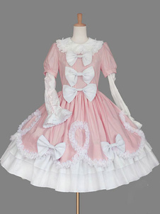 Sweet Lolita Robe rose Lolita Robe coton OP Bell manches longues Bow Lolita un morceau robe plissée
