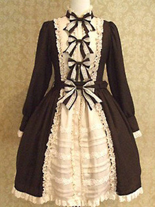 Sweet Lolita Robe Noir Lolita Robe OP coton manches longues Bow Ruffle Hem Lolita One Piece robe