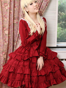 Classic Lolita Robe rouge Lolita Robe OP coton manches longues volants niveaux One Piece robe