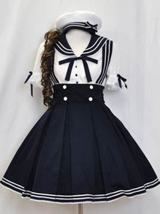 Tenues de Sailor Lolita chemise à manches courtes bleu profond avec jupe plissée cavalier