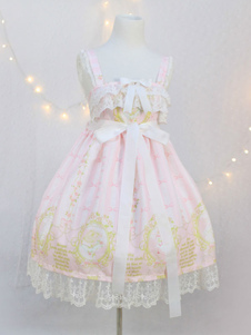Sweet Lolita Robe JSK Lolita rose robe en mousseline de soie sans manches Bow imprimé Ruffle Hem Lol