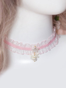 Sweet Lolita Choker rose dentelle collier de perles
