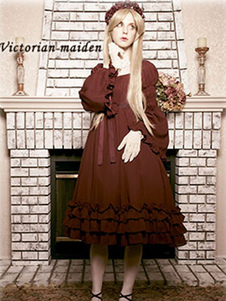Classic Lolita Robe Bourgogne OP Lolita Robe cloche manches longues hiérarchisé Ruffle Hem Lolita de