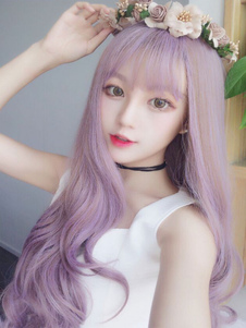 Sweet Lolita perruques longues violet Lolita synthétique bouclés perruque avec Bang