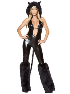 Costume Catwoman sexy Halloween noir fausse fourrure Jumpsuit Costume Animal