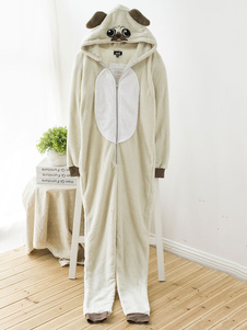 Kigurumi pyjamas chien Onesie Ecru blanc polaire manches longues vêtements de nuit pour les adultes