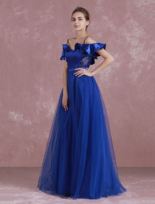 Robe de soirée longue sangle Bohême robe dos-nu A ligne bleu Royal Tulle étage longueur robe de soir