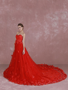 Mariage rouge robe sans bretelles Sequin Sweetheart robe de mariée fleurs 3D Applique une robe de so