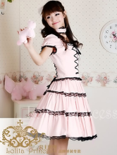 Robe rose attractive et douce de Lolita de manches courtes et col carré en coton 