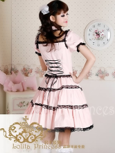 Robe rose attractive et douce de Lolita de manches courtes et col carré en coton 
