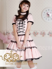 Robe rose attractive et douce de Lolita de manches courtes et col carré en coton 