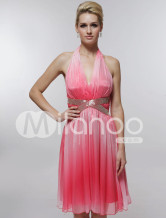 Likable Pink Satin Gauze V-neck Knee-length Graduation Dress