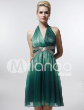 Likable Pink Satin Gauze V-neck Knee-length Graduation Dress
