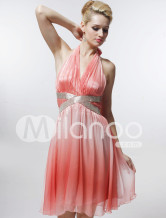 Likable Pink Satin Gauze V-neck Knee-length Graduation Dress