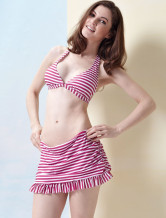 Pink And White Stripe Nylon Womens Two-Piece Skirted Swimsuit
