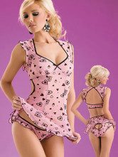 Sweet Pink Acrilic Spandex V-neck Womens Sexy Babydoll