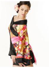 Lingerie Sexy Dress Féminine Cou V Satin Imprimé Floral Noire Belle 