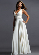White Deep V-Neck Satin Chiffon Prom Maxi Dress