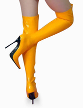 Bottes hautes en jaune de 4 1/2'' talons en cuir vernis sans plate-forme 