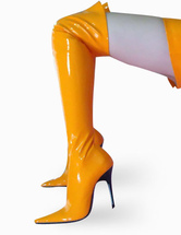 Bottes hautes en jaune de 4 1/2'' talons en cuir vernis sans plate-forme 