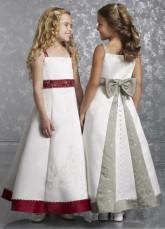 White Sash Bow Embroidery Satin Flower Girl Dress