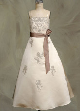 Spaghetti Embroidery Sash Satin Flower Girl Dress