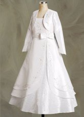 White Long Sleeves Embroidery Satin Flower Girl Dress