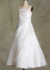 White Sleeveless Embroidery Satin Flower Girl Dress