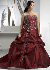 Deep Burgundy Strapless Embroidery Beading Plus Size Taffeta Ball Gown
