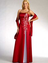 Red Spaghetti Floor Length Wrap Beaded Satin Mother Of Bride And Groom Dress