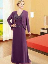 Grape V-Neck 2-Piece Beaded Satin Chiffon Mother Of Bride And Groom Dress