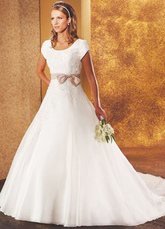 White A-line Cap Sleeves Sash Applique Beading Satin Pongee Wedding Dress