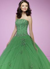 Robe de boule verte sans bretelles en satin et tulle avec broderie de perle  