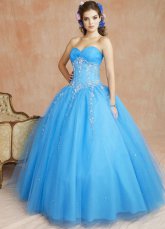 Novia de raso azul bordado con cuentas de organza Ball Dress Vestido