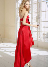 Unique Rouge bretelles Sweetheart Quadrate strass fleurs faites à la main de perles Super-soft taffeta robe de soirée