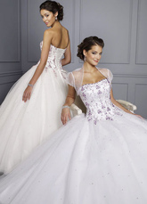 White Ball Gown Strapless Beading Embroidery Satin Organza Prom Quinceanera Dress