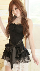 Negro Straplss Sash encaje sexy vestido