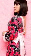Lingerie Sexy Dress Kimono Une Epaule Florale Rouge et Noire