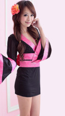 Black And Fuchsia Long Sleeves Bow Sash Kimono Sexy Dress