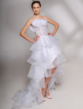 Attractive Strapless Ruched Bottom Satin Mini Wedding Dress