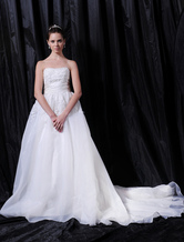 Romantic Ball Gown Strapless Empire Waist Beading Embroidery Satin Wedding Dress