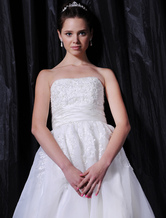 Romantic Ball Gown Strapless Empire Waist Beading Embroidery Satin Wedding Dress