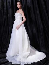 Romantic Ball Gown Strapless Empire Waist Beading Embroidery Satin Wedding Dress