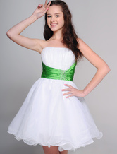 Bianco senza spalline in rilievo Sash Organza raso Summer Cocktail Dress