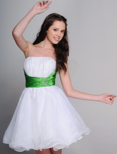 White Strapless Beaded Sash Organza Satin Summer Cocktail Dress